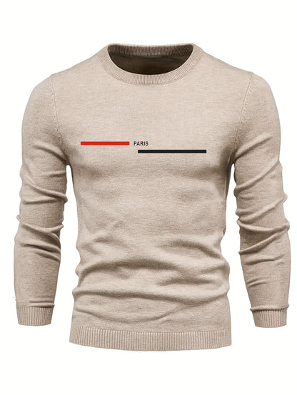 PARIS Print Men's Casual Stretch Long Sleeve Knitted Round Neck Sweater, Spring Fall Pullover Top