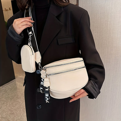Double Zipper Waist Bag, Trendy Wide Strap Fanny Pack, PU Leather Crossbody Chest Bag With Small Coin Purse