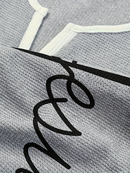 Solid And Letter Print "FAITH" Waffle Knit V-neck And Short Sleeve T-shirt, Casual And Trendy Tops For Men's Summer Outdoors Wear