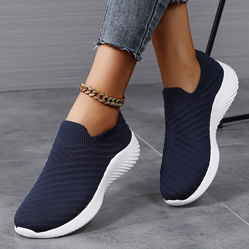Women's Solid Color Knitted Sneakers, Slip On Lightweight Soft Sole Walking Shoes, Breathable Low-top Sock Shoes
