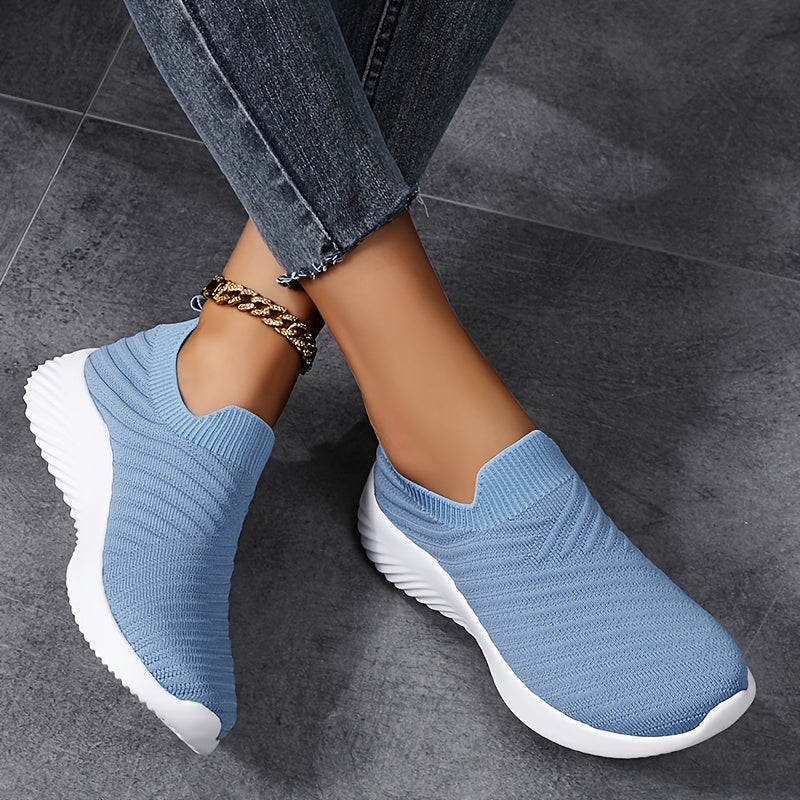 Women's Solid Color Knitted Sneakers, Slip On Lightweight Soft Sole Walking Shoes, Breathable Low-top Sock Shoes