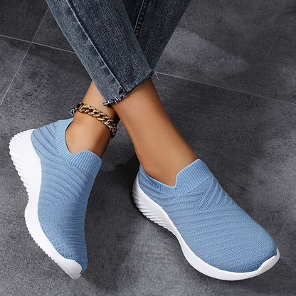 Women's Solid Color Knitted Sneakers, Slip On Lightweight Soft Sole Walking Shoes, Breathable Low-top Sock Shoes